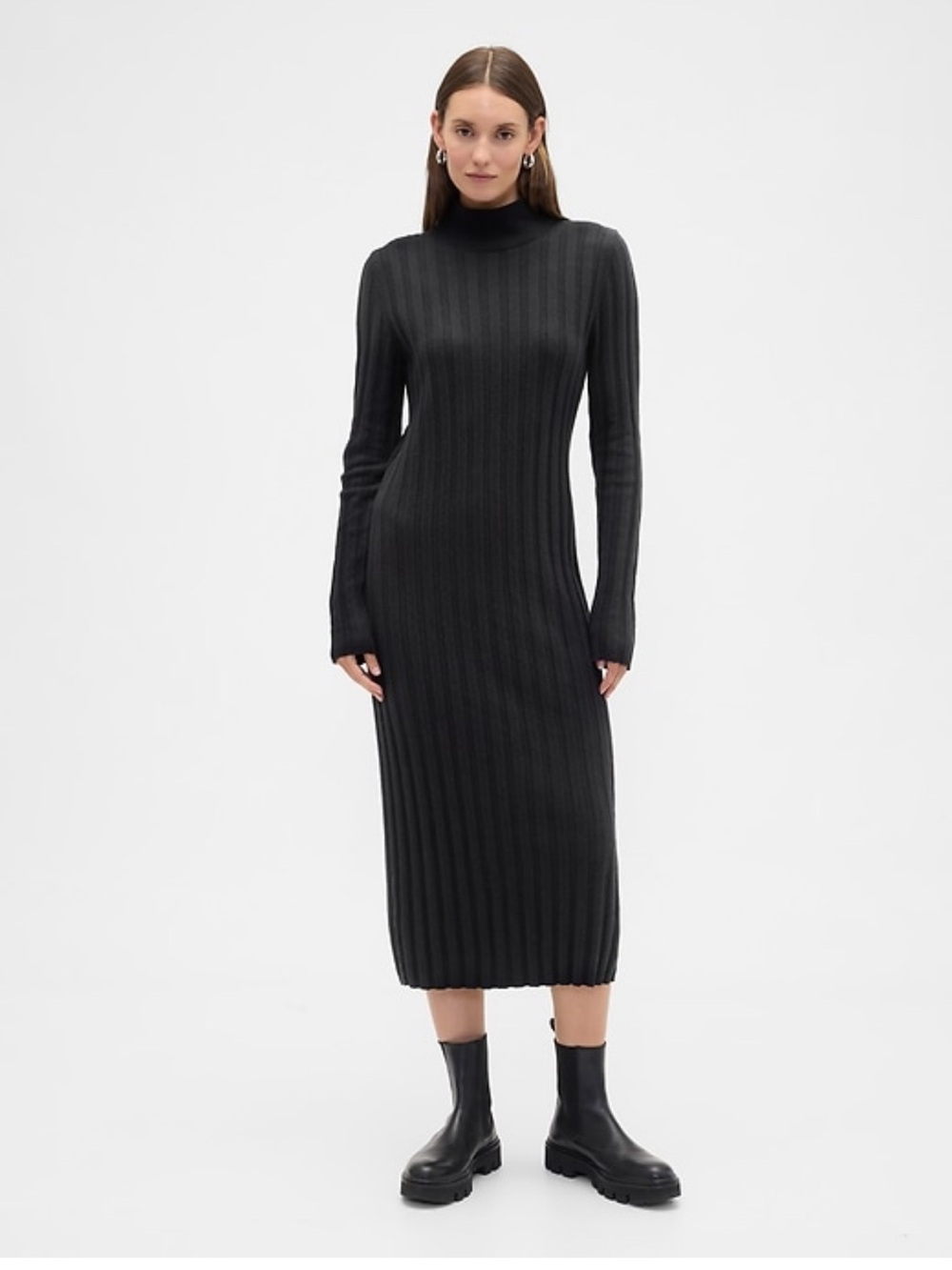 GAP Black Ribbed Mock-Neck Midi Dress